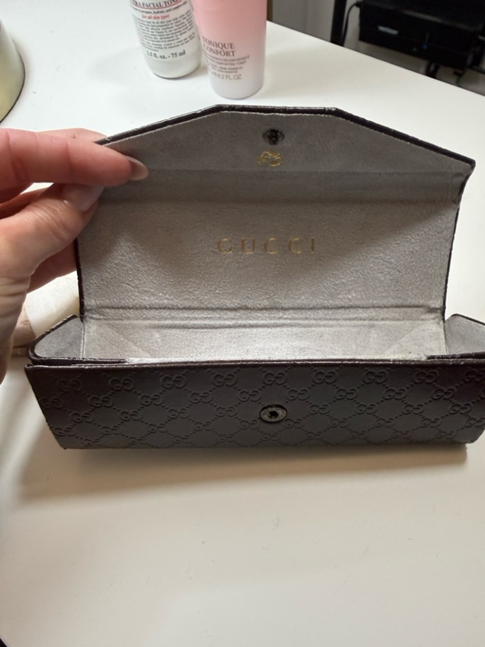 Gucci Brown Monogram Eyeglass Case with Light Gray Interior